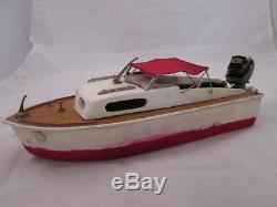 12-1/2 Long Wood Model Boat with Electric Motor Red Fabric Canopy