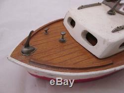 12-1/2 Long Wood Model Boat with Electric Motor Red Fabric Canopy