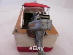 12-1/2 Long Wood Model Boat with Electric Motor Red Fabric Canopy