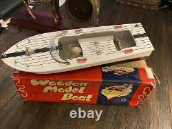 13 Wooden Model Boat with Electric Motor Red White Blue Striped