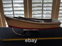 18 WOODEN SKIFF MODEL, HAND MADE, HAND PAINTED With ANCHOR, PADDLE, ROPE & STAND