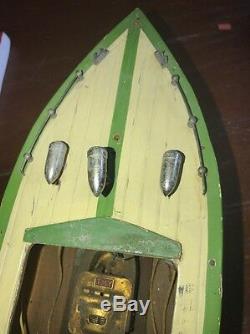 1950sAntique Rare Wooden Motorized Boat Tmy & LightsElectric Inboard Rare Model