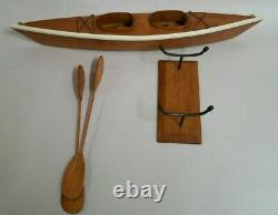 1950s vintage wooden wood KAYAK model boat with stand and oars Handmade