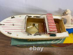 9 Long Wood Model Boat with Electric Motor Red Striped Fabric Canopy