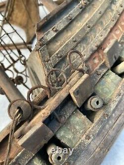 Antique 1925 handmade Model Wooden Pirate SHIP wood boat 17.5 -Repair Needed