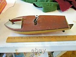 Antique 1930's Clockwork Motor Wood Boat Model Wooden Wind Up Pond Boat