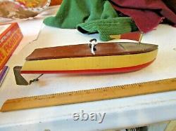 Antique 1930's Clockwork Motor Wood Boat Model Wooden Wind Up Pond Boat