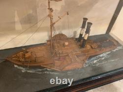 Antique American Paddle Wheeler Encased Model Ship Boat Maritime Diorama