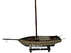 Antique BEATRICE BOSTON CHARLOTTE Wood Pond Model Sailboat Stand FOLK ART Boat