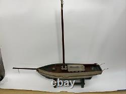 Antique BEATRICE BOSTON CHARLOTTE Wood Pond Model Sailboat Stand FOLK ART Boat