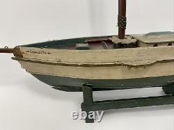 Antique BEATRICE BOSTON CHARLOTTE Wood Pond Model Sailboat Stand FOLK ART Boat