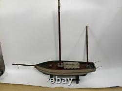 Antique BEATRICE BOSTON CHARLOTTE Wood Pond Model Sailboat Stand FOLK ART Boat