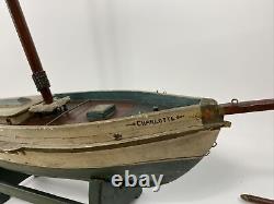 Antique BEATRICE BOSTON CHARLOTTE Wood Pond Model Sailboat Stand FOLK ART Boat
