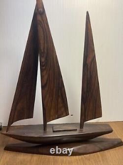 Antique Black Persimmon Wooden Sail Boat Model Hand Carved Art Decor Collection