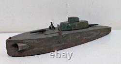 Antique Folk Art Wooden Pond Boat Battleship Army Ship Primitive Toys Navy Ooak