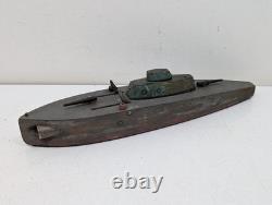 Antique Folk Art Wooden Pond Boat Battleship Army Ship Primitive Toys Navy Ooak