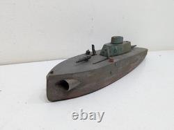 Antique Folk Art Wooden Pond Boat Battleship Army Ship Primitive Toys Navy Ooak