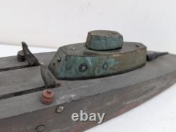 Antique Folk Art Wooden Pond Boat Battleship Army Ship Primitive Toys Navy Ooak