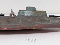 Antique Folk Art Wooden Pond Boat Battleship Army Ship Primitive Toys Navy Ooak