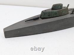 Antique Folk Art Wooden Pond Boat Battleship Army Ship Primitive Toys Navy Ooak