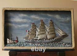 Antique French Ship in a Box Diorama. Handmade Folk Art Model Boat Scratch Built