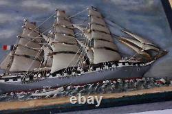 Antique French Ship in a Box Diorama. Handmade Folk Art Model Boat Scratch Built