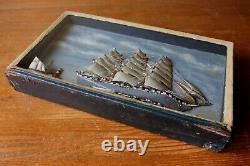 Antique French Ship in a Box Diorama. Handmade Folk Art Model Boat Scratch Built