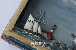 Antique French Ship in a Box Diorama. Handmade Folk Art Model Boat Scratch Built