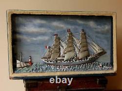 Antique French Ship in a Box Diorama. Handmade Folk Art Model Boat Scratch Built