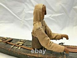 Antique Inuit / Eskimo Handmade Wood Kayak Model with Figure Fisherman Boat