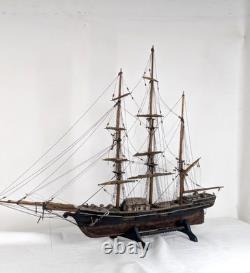 Antique Large Wood Model Boat 3 Masted Sails & Stand 40x30