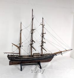 Antique Large Wood Model Boat 3 Masted Sails & Stand 40x30
