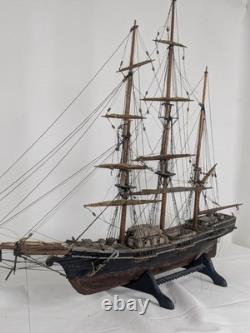 Antique Large Wood Model Boat 3 Masted Sails & Stand 40x30