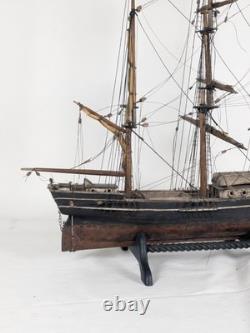 Antique Large Wood Model Boat 3 Masted Sails & Stand 40x30