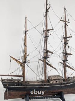 Antique Large Wood Model Boat 3 Masted Sails & Stand 40x30