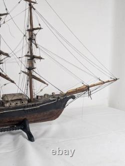 Antique Large Wood Model Boat 3 Masted Sails & Stand 40x30