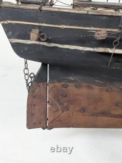 Antique Large Wood Model Boat 3 Masted Sails & Stand 40x30