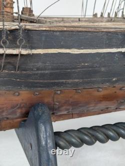 Antique Large Wood Model Boat 3 Masted Sails & Stand 40x30