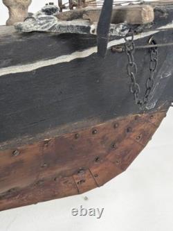 Antique Large Wood Model Boat 3 Masted Sails & Stand 40x30
