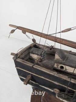 Antique Large Wood Model Boat 3 Masted Sails & Stand 40x30