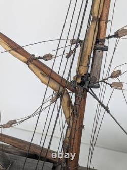 Antique Large Wood Model Boat 3 Masted Sails & Stand 40x30