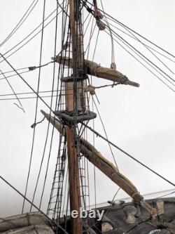 Antique Large Wood Model Boat 3 Masted Sails & Stand 40x30