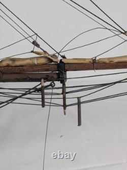 Antique Large Wood Model Boat 3 Masted Sails & Stand 40x30