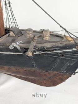 Antique Large Wood Model Boat 3 Masted Sails & Stand 40x30