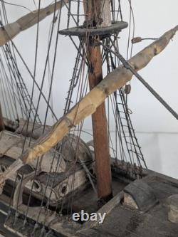 Antique Large Wood Model Boat 3 Masted Sails & Stand 40x30