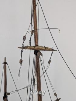 Antique Large Wood Model Boat 3 Masted Sails & Stand 40x30