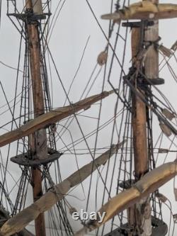 Antique Large Wood Model Boat 3 Masted Sails & Stand 40x30