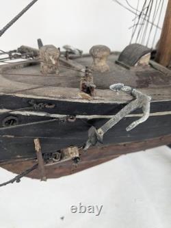 Antique Large Wood Model Boat 3 Masted Sails & Stand 40x30