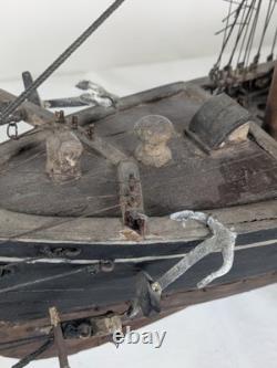 Antique Large Wood Model Boat 3 Masted Sails & Stand 40x30
