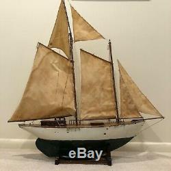 Antique Large Wooden Pond Yacht Boat Model Ship with Sails f
